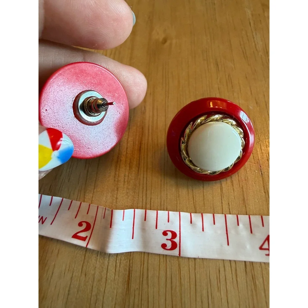 Vintage Red White Gold Tone Rope Border Button Post Earrings Oversized Studs